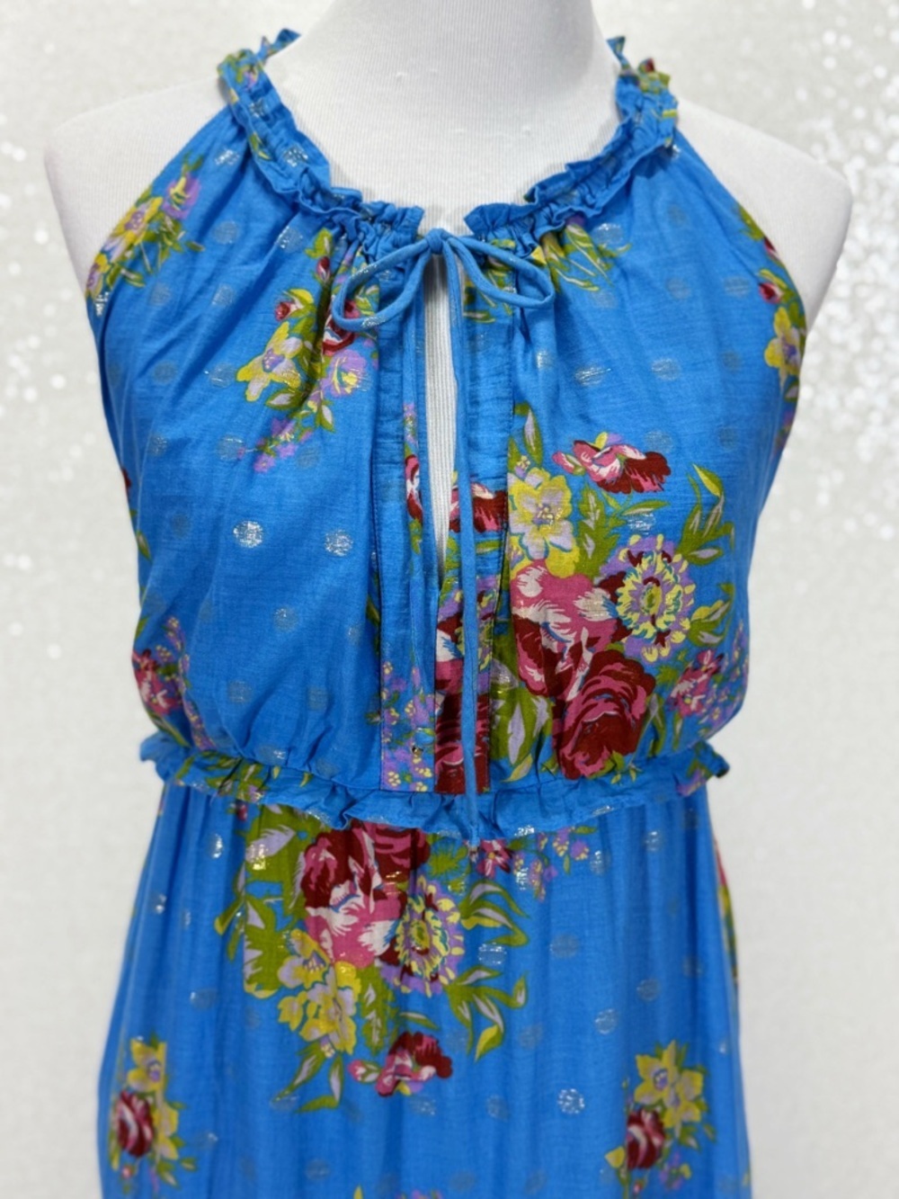 House of Harlow 1960 Blue Floral Maxi Dress Boho Tiered Ruffle Halter Feminine - Picture 10 of 16